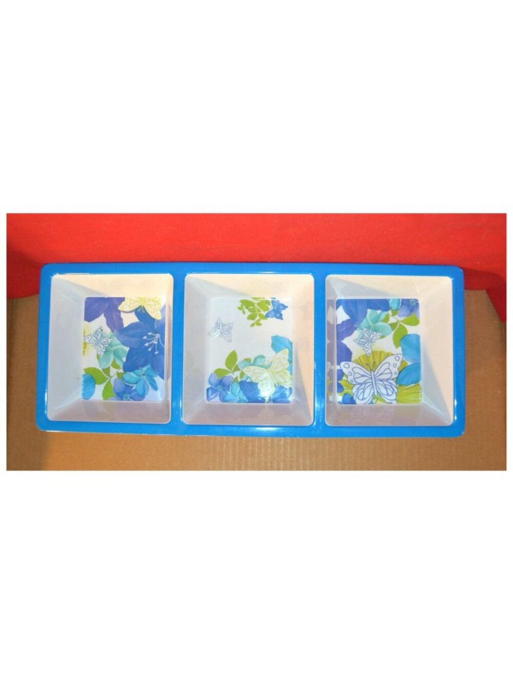 3 Compartment Condiment Dip Sauce Serving Tray Butterflies Melamine ~14-3/4" L